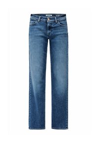 Jeans de denim azul con un corte recto, cintura de altura media, cinco bolsillos y detalle de botones de cobre. Terminados con un leve desvanecimiento y acentos de costura.