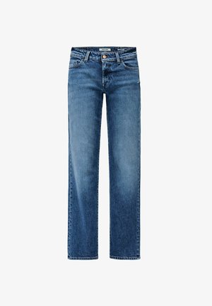 Jeans de denim azul con un corte recto, cintura de altura media, cinco bolsillos y detalle de botones de cobre. Terminados con un leve desvanecimiento y acentos de costura.