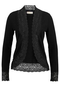 Černý cardigan s krajkovým lemem podél otevřeného předního dílu a manžet, s texturovaným žebrovaným tělem. Elegantní květinové krajkové detaily na lemu.