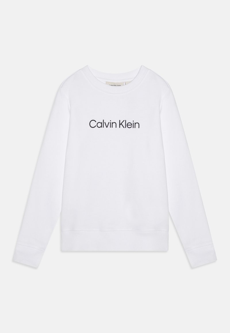 Felpa bianca in misto cotone, con colletto rotondo e maniche lunghe. Logo "Calvin Klein" stampato in nero sul petto.