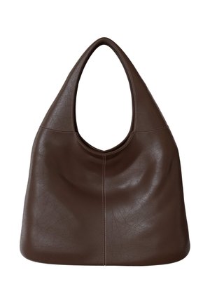 Braune Leder-Hobo-Handtasche mit breitem tropfenförmigem Griff und sichtbaren Nähten in der Mitte und an den Rändern.