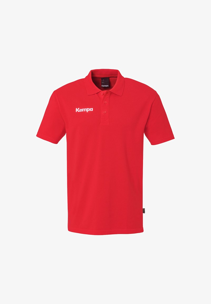 Rode poloshirt van ademend materiaal, met korte mouwen, een klassieke kraag en een wit "Kempa" logo op de linkerkant van de borst.