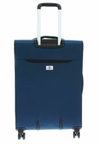 Valigia blu navy con ruote, manico telescopico, dettagli neri e tasca frontale con zip. Realizzata in tessuto resistente con ruote scorrevoli.