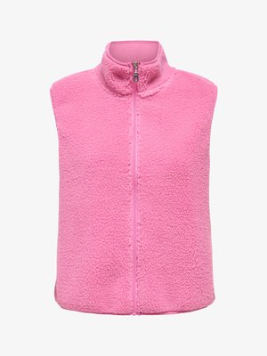 Ružičasti prsluk od flisa s visokim ovratnikom, zatvaračem na patentni zatvarač i teksturiranim tkanjem. Dizajn bez rukava, mekana vanjština i glatka unutarnja podstava.