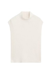Mouwloze gebreide trui in off-white met een geribde col en geribde randen langs de zijkanten en onderkant.