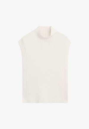 Pull en tricot sans manches de couleur écru, avec un col roulé côtelé et des bords côtelés le long des côtés et du bas.