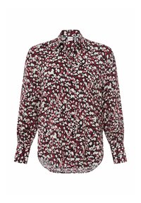 Rot-weiße gemusterte Button-up-Bluse mit langen Ärmeln, die ein Leopardenmuster und einen klassischen Kragen aufweist. Weiches Gewebe.