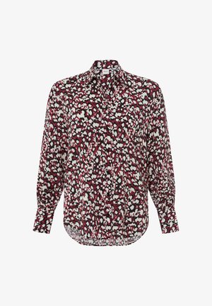 Rot-weiße gemusterte Button-up-Bluse mit langen Ärmeln, die ein Leopardenmuster und einen klassischen Kragen aufweist. Weiches Gewebe.