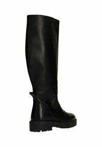 Zwarte kniehoog laarzen van glad leer, met een chunky zool en een ronde neus. Het ontwerp bevat minimale stiksels en een treklus.