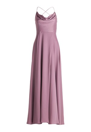 Robe longue et fluide avec col bénitier en doux tissu lavande, dotée de bretelles croisées ajustables et d'une silhouette drapée et lisse.
