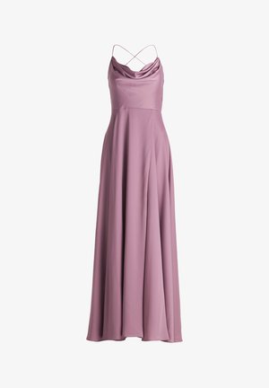 Robe longue et fluide avec col bénitier en doux tissu lavande, dotée de bretelles croisées ajustables et d'une silhouette drapée et lisse.