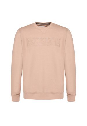 Helles rosa Sweatshirt mit einem strukturierten "GABBIANO"-Logo auf der Vorderseite. Verfügt über einen runden Halsausschnitt, gerippte Bündchen und eine glatte Stoffoberfläche.