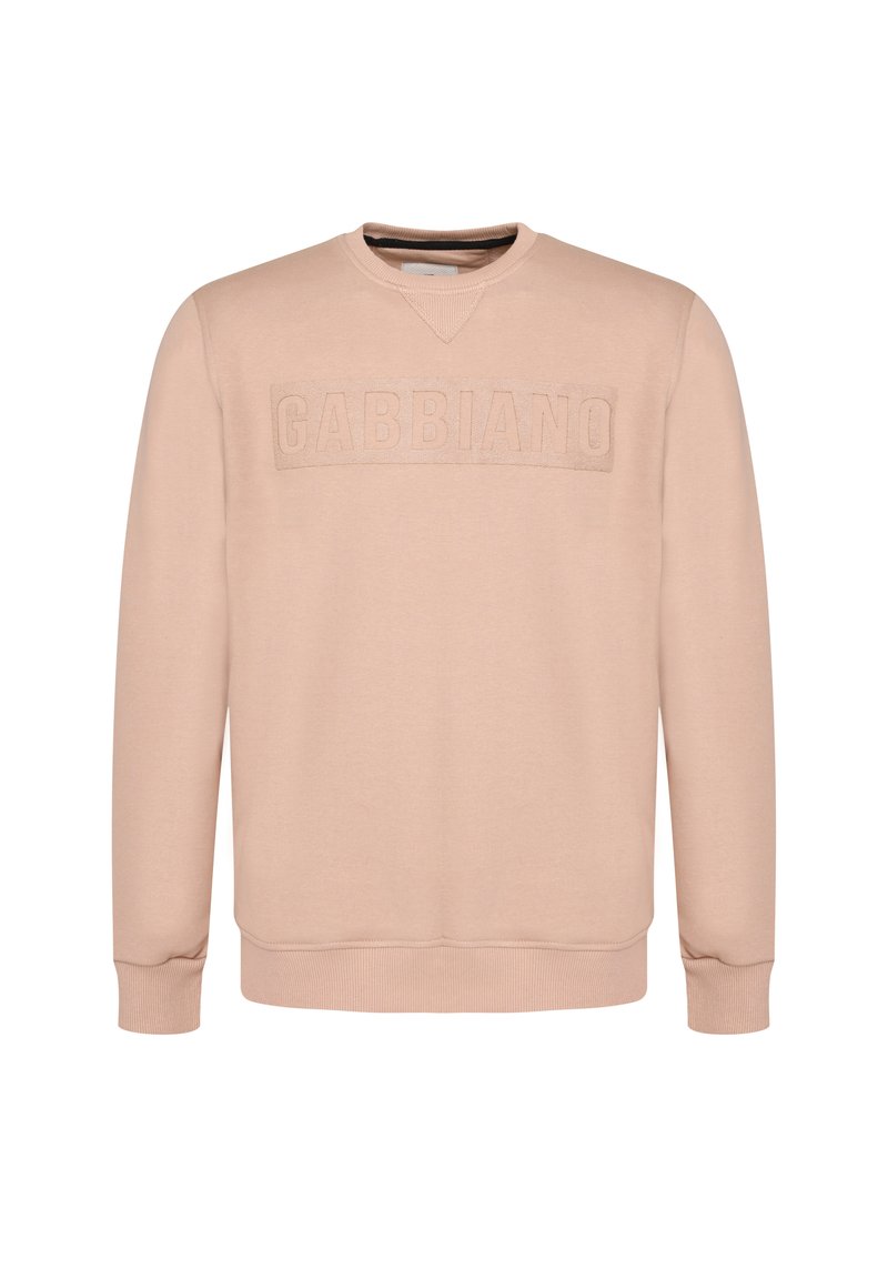 Ljusrosa sweatshirt med en texturerad "GABBIANO" logotyp på framsidan. Har rund hals, ribbade ärmslut och en slät tygfinish.