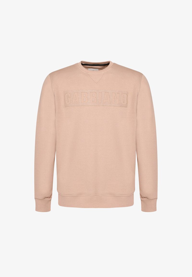 Felpa rosa chiaro con un logo testurizzato "GABBIANO" sul davanti. Presenta un collo rotondo, polsini a coste e una finitura in tessuto liscia.