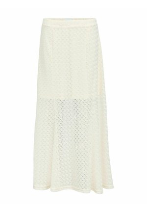 Jupe midi crème avec motif en dentelle hexagonal et ourlet festonné, semi-transparent sous le milieu de la cuisse, coupe droite s'évasant légèrement en bas.