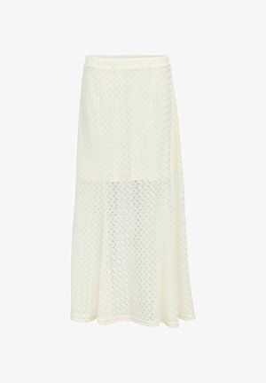 Jupe midi crème avec motif en dentelle hexagonal et ourlet festonné, semi-transparent sous le milieu de la cuisse, coupe droite s'évasant légèrement en bas.