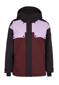 Veste d'hiver à capuche pour homme avec des blocs de couleur en noir, bordeaux et violet clair, dotée de poches à boutons-pression et d'une fermeture éclair frontale avec rabat.