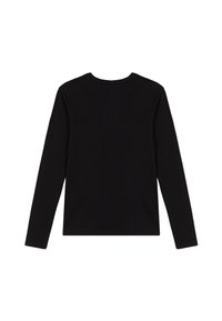 Maglietta nera a manica lunga, colletto rotondo, tessuto morbido, forma aderente, senza fantasie o decorazioni, vista posteriore semplice.