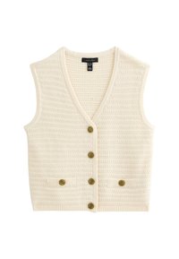 Beige gestrickte Weste mit V-Ausschnitt, strukturiertem Streifenmuster, vier runden Knöpfen und zwei Vorderaschen.