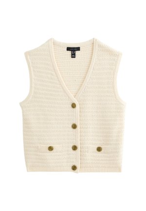 Beige gestrickte Weste mit V-Ausschnitt, strukturiertem Streifenmuster, vier runden Knöpfen und zwei Vorderaschen.