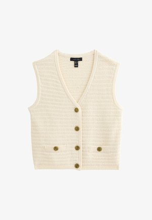 Crème-kleurige gebreide vest met een V-hals, een gestructureerd streeppatroon, vier ronde knopen en twee voorkeurs.