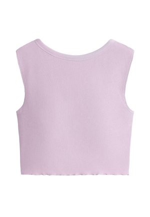 Kraći top bez rukava od svijetlo ljubičastog rebrastog materijala s okruglim izrezom i blago nazubljenim rubom.