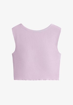 Kraći top bez rukava od svijetlo ljubičastog rebrastog materijala s okruglim izrezom i blago nazubljenim rubom.