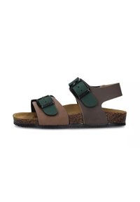 Sandali marroni e verdi con due fibbie regolabili, soletta in sughero e suola in gomma testurizzata, caratterizzati da un design senza retro.