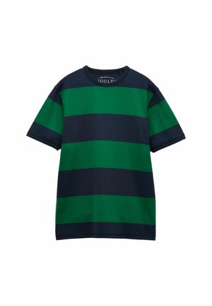 Marineblaue und grüne T-Shirt mit horizontalen Streifen, kurzen Ärmeln und Rundhalsausschnitt, flach auf weißem Hintergrund liegend.