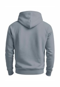 Light grey hoodie with a kangaroo pocket and drawstring hood. Features ribbed cuffs and hem, smooth texture, and no visible graphics.