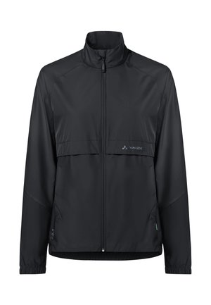 Schwarze leichte Jacke mit durchgehendem Frontreißverschluss, hohem Kragen, elastischen Bündchen, Seitentaschen und Vaude-Logo auf der Brust.