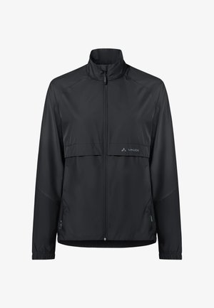 Schwarze leichte Jacke mit durchgehendem Frontreißverschluss, hohem Kragen, elastischen Bündchen, Seitentaschen und Vaude-Logo auf der Brust.