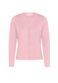 Cardigan rose à manches longues en maille douce, avec un col rond et une fermeture à boutons à l'avant avec de petits boutons ronds.