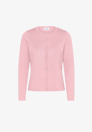 Roosa, pikkade varrukatega kardigan, mis on valmistatud pehmest kudumismaterjalist, sisaldab ümmargust kaelust ja esist nuppude sulgemist väikeste ümmarguste nuppudega.