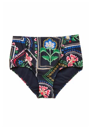 Bikinihose mit hohem Bund und Patchwork-Blumenmustern in Blau, Rot, Grün und Gelb auf schwarzem Hintergrund.