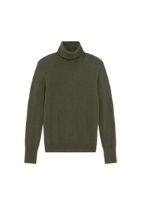Maglione a collo alto verde oliva realizzato in morbido tessuto a maglia, con maniche lunghe e polsini e orlo a coste, texture liscia con dettagli minimi.