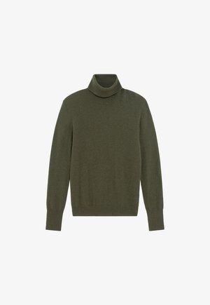 Maglione a collo alto verde oliva realizzato in morbido tessuto a maglia, con maniche lunghe e polsini e orlo a coste, texture liscia con dettagli minimi.