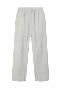 Lichte, gestreepte wijde broek met een elastische tailleband. De kleur heeft een subtiel groen en wit patroon, wat zorgt voor een soepele textuur.