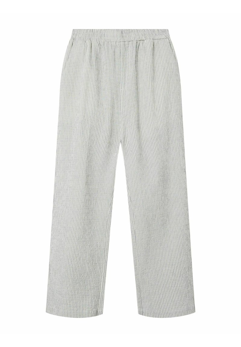 Lichte, gestreepte wijde broek met een elastische tailleband. De kleur heeft een subtiel groen en wit patroon, wat zorgt voor een soepele textuur.