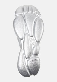 Silver sneaker sole with a textured finish, featuring a unique pebble-like design and rubber accents. Includes a small rectangular cutout.