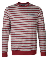 Sukienka z paskami o szarym korpusie, czerwonych poziomych paskach i małej kieszeni na piersi. Wykonana z teksturowanej tkaniny z prążkowanymi mankietami i dekoltem.