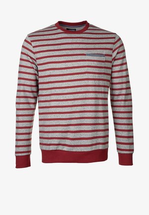 Pruhovaná mikina se šedým tělem, červenými horizontálními pruhy a malou kapsičkou na prsou. Vyrobena z texturované látky s žebrovanými manžetami a výstřihem.