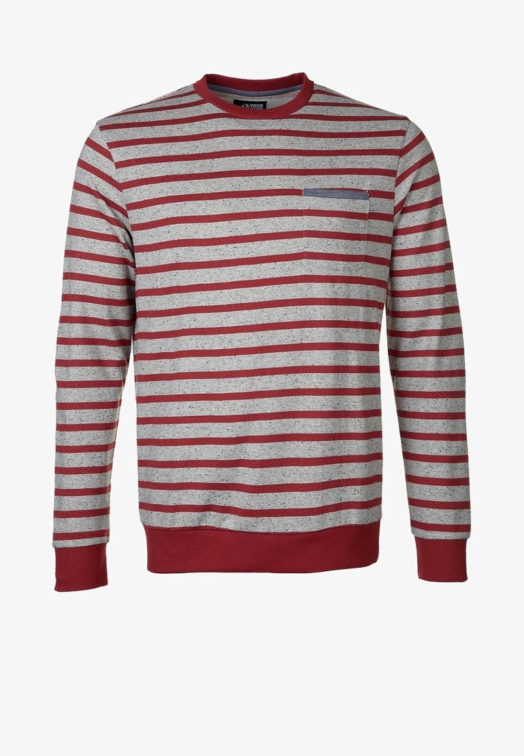 Sukienka z paskami o szarym korpusie, czerwonych poziomych paskach i małej kieszeni na piersi. Wykonana z teksturowanej tkaniny z prążkowanymi mankietami i dekoltem.