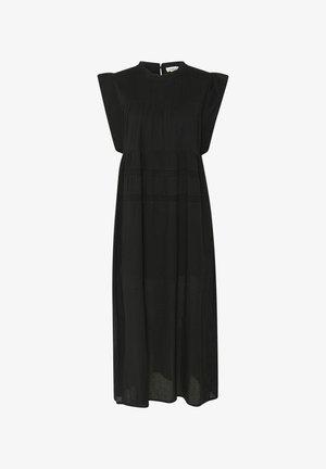 Svart maxikjol med hög krage, korta volangärmar, texturerad tyg och lagd design med spetsdetaljer. Dragkedja bak.