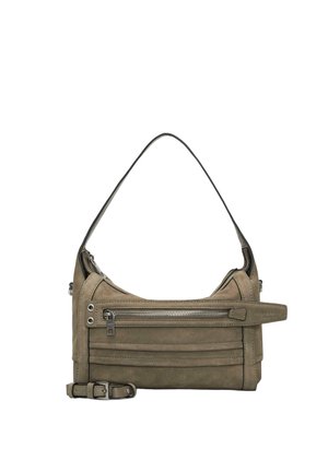 Piccola borsa a tracolla verde oliva con tasca frontale con cerniera, tracolla regolabile e manico singolo su sfondo bianco.