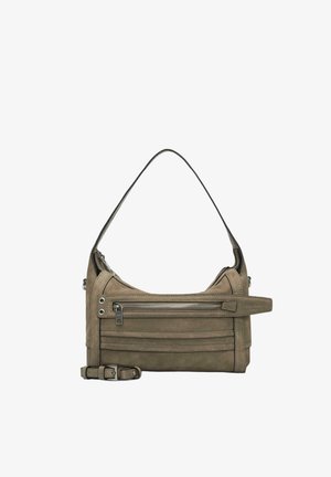 Piccola borsa a tracolla verde oliva con tasca frontale con cerniera, tracolla regolabile e manico singolo su sfondo bianco.