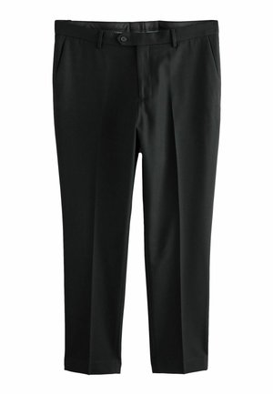 Black formal trousers with button and zipper closure, front pockets, and belt loops on a white background.