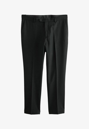 Black formal trousers with button and zipper closure, front pockets, and belt loops on a white background.