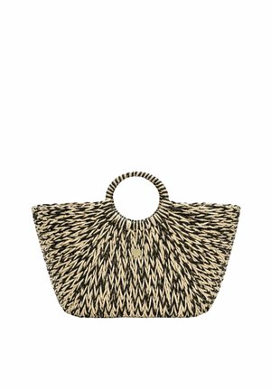 Borsa intrecciata in paglia con motivo a fibre nere e naturali, manici circolari e un piccolo emblema dorato al centro anteriore.