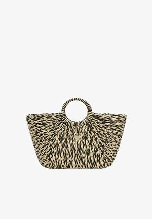 Borsa intrecciata in paglia con motivo a fibre nere e naturali, manici circolari e un piccolo emblema dorato al centro anteriore.